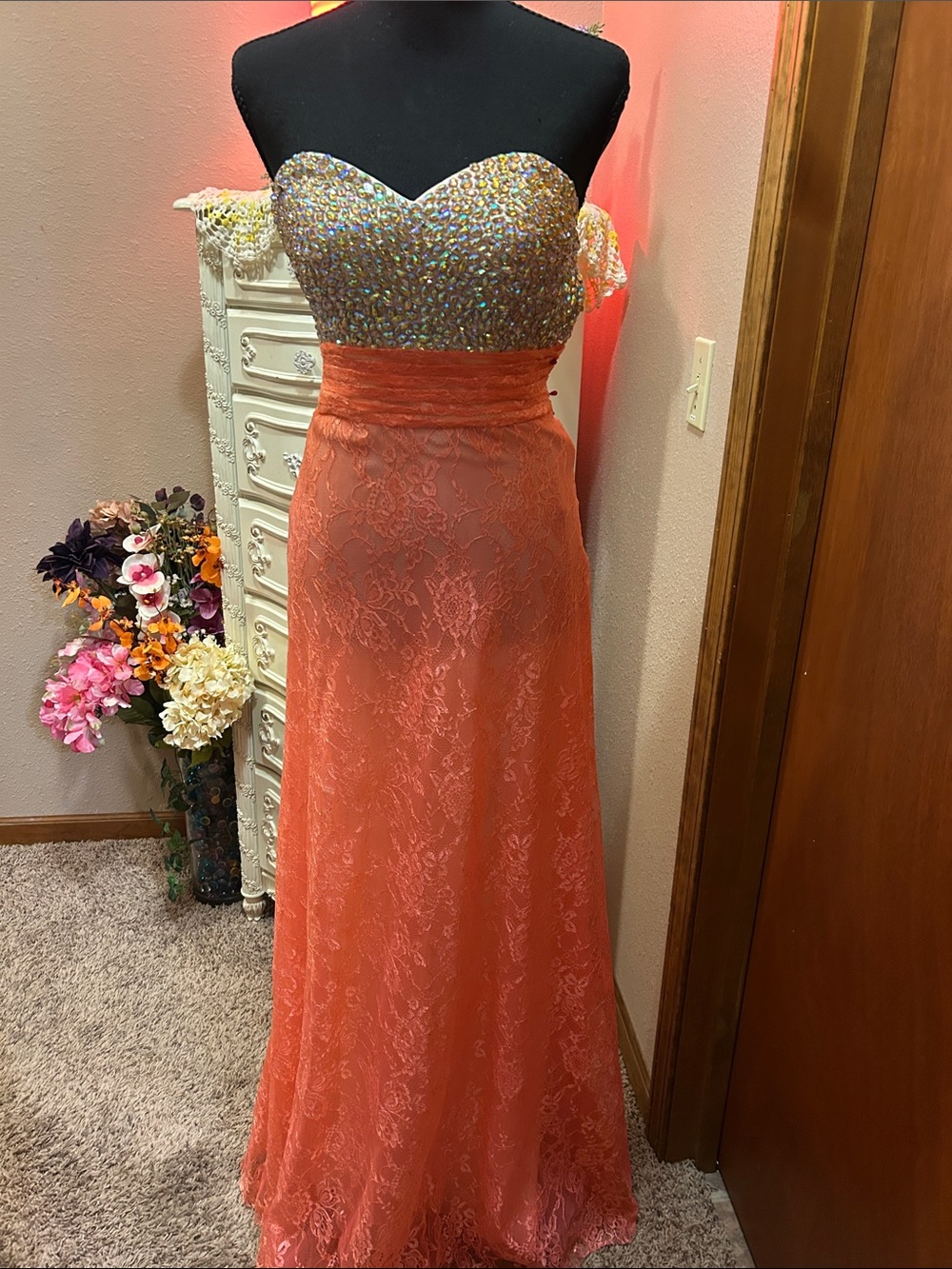 La Femme Coral Lace Gown with Iridescent Sequin Bodice